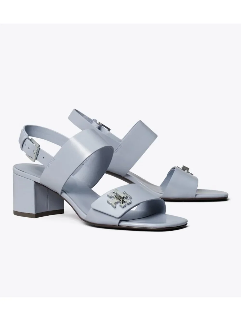 Tory Burch Turnlock Slingback Sandals Women's Blue Leather Block Heel Open Toe